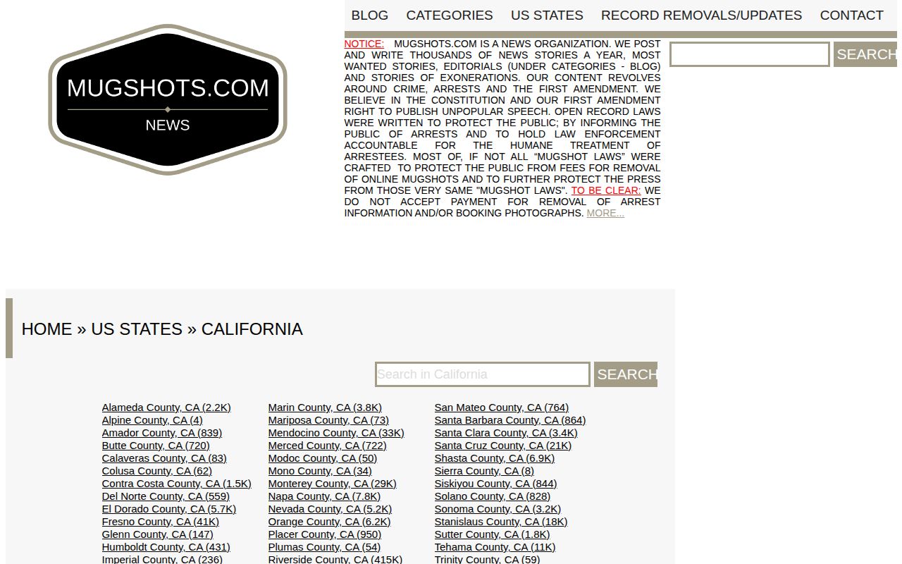 California arrest-site navigation screen without a face grid