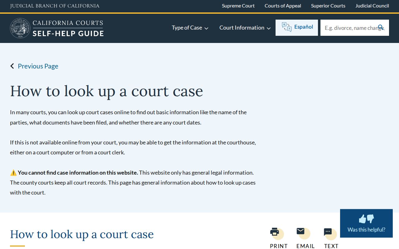 California Courts case lookup guidance for arrest case outcomes