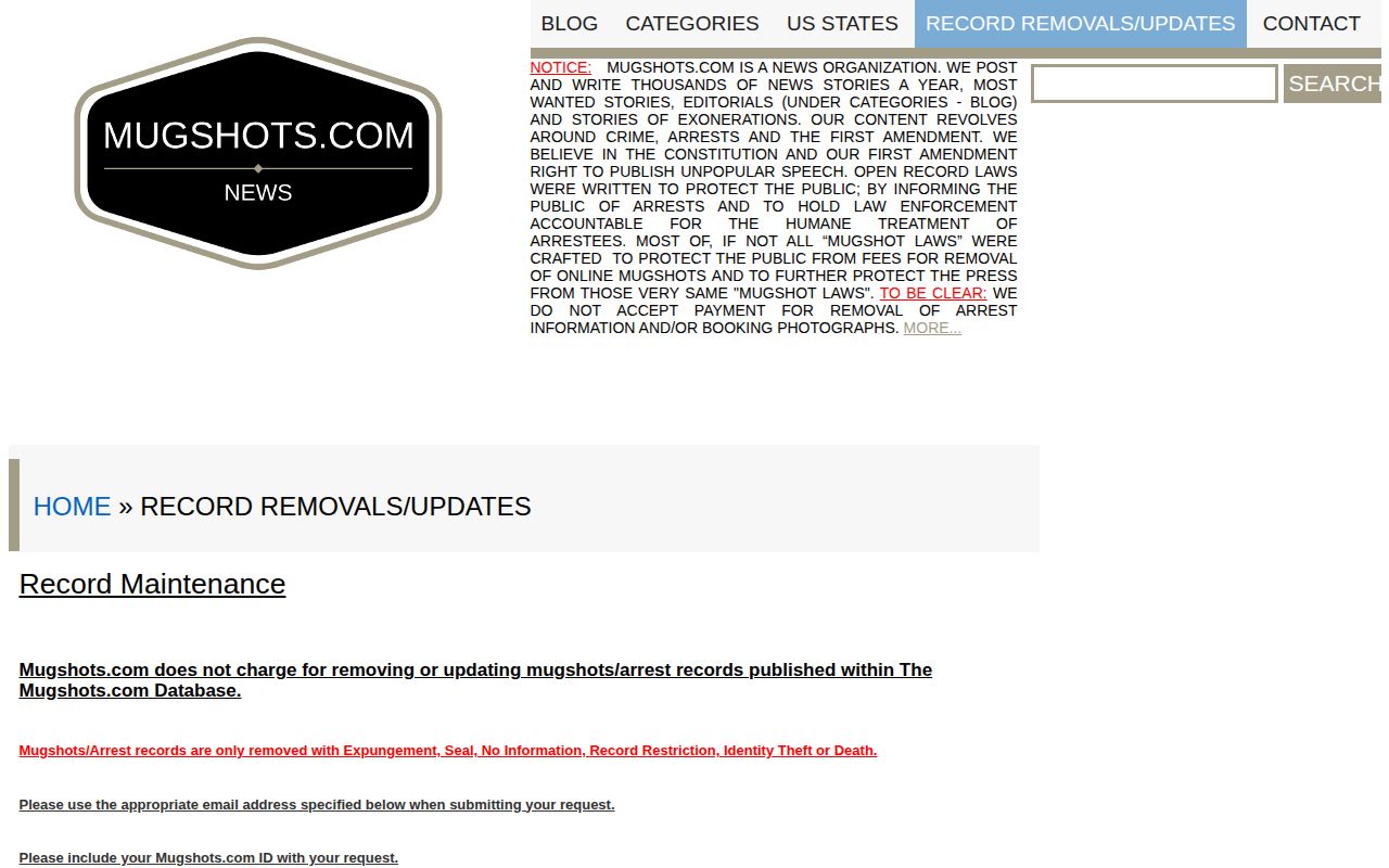 Mugshots.com record correction and removal policy page