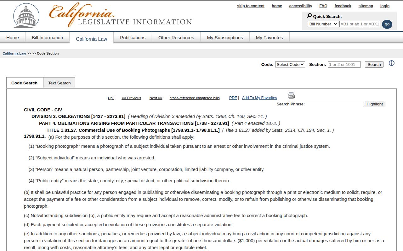 California Civil Code rule for booking-photo correction and removal