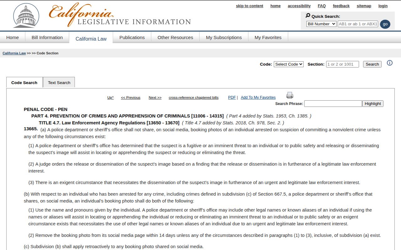 California Penal Code booking-photo social-media rule