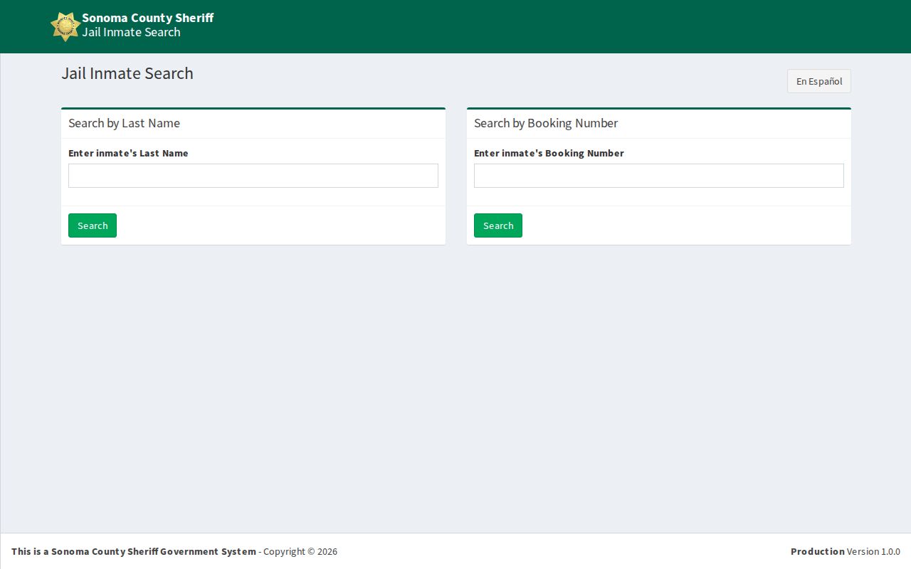 California county jail roster search form with no inmate result