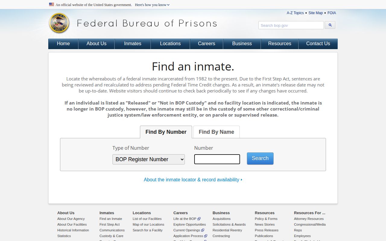 Federal inmate locator search form for California custody questions