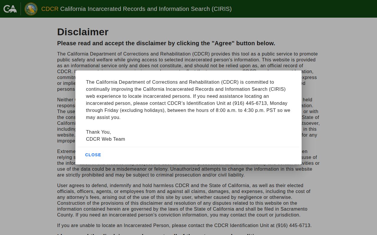 CDCR CIRIS California offender search form without person results